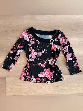 y2k Black Floral Buckle-Accent Women's Top
